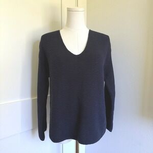 🦃 Evereve Navy Blue Cotton Knit V Neck Long Sleeve Casual‎ Sweater